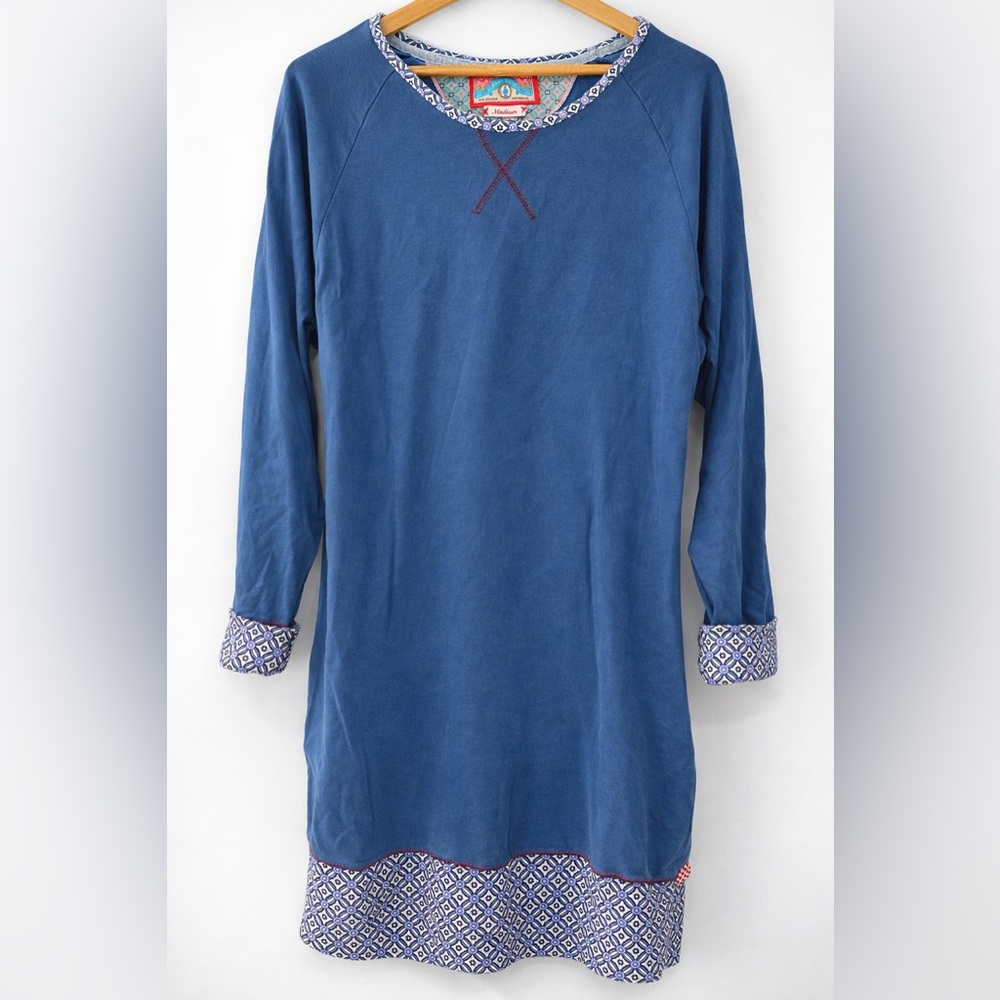 Pip Studio Amsterdam Blue Long Sleeve Tunic Dress Medium | Printed Trim Cotton
